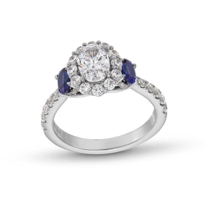 Main Image 1 of Vera Wang Love Collection 1-1/2 CT. T.W. Oval Diamond Frame with Sapphire Collar Engagement Ring in 14K White Gold