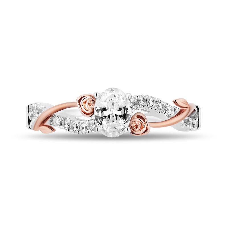 Main Image 4 of Enchanted Disney Belle 3/4 CT. T.W. Oval Diamond Crossover Rose Shank Engagement Ring in 14K Two-Tone Gold