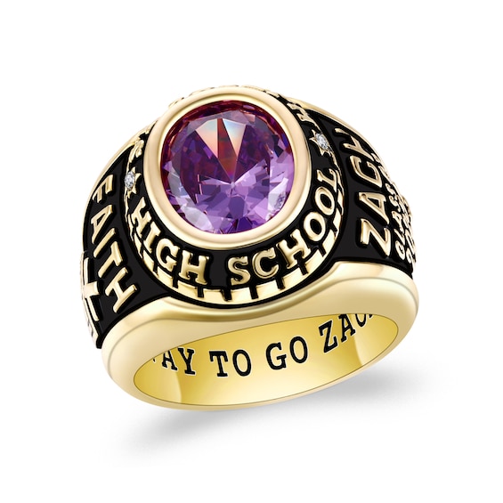 Oval Simulated Birthstone and Diamond Accent Frame Class Ring (1 Stone and 5 Lines)