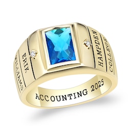 Emerald-Cut Simulated Birthstone and Diamond Accent Engravable Class Ring (1 Stone and 5 Lines)