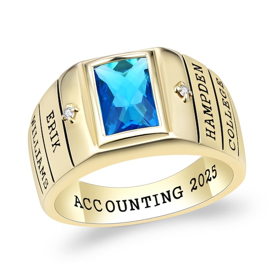 Emerald-Cut Simulated Birthstone and Diamond Accent Engravable Class Ring (1 Stone and 5 Lines)