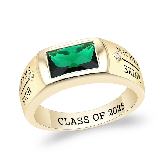 Sideways Emerald-Cut Simulated Birthstone and Diamond Accent Engravable Class Ring (1 Stone and 5 Lines)