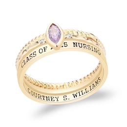 Marquise Simulated Birthstone and Diamond Accent Engravable Three Piece Stackable Class Ring Set (1 Stone and 2 Lines)