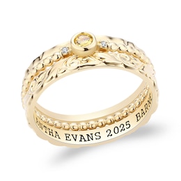 Simulated Birthstone and Diamond Accent Engravable Three Piece Stackable Class Ring Set (1 Stone and Line)