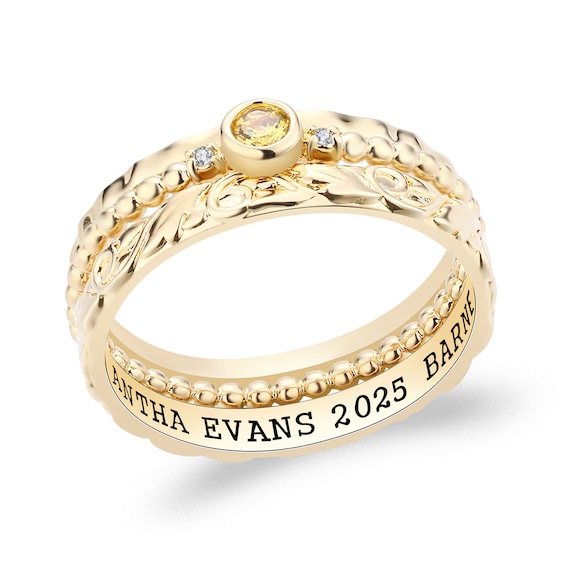 Simulated Birthstone and Diamond Accent Engravable Three Piece Stackable Class Ring Set (1 Stone and Line)