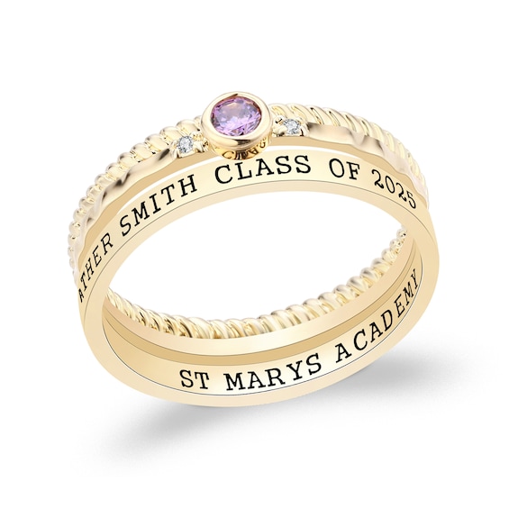 Simulated Birthstone and Diamond Accent Engravable Three Piece Stackable Class Ring Set (1 Stone and 2 Lines)