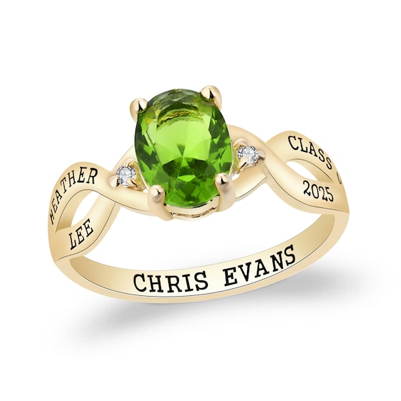 Oval Simulated Birthstone and Diamond Accent Infinity Twist Shank Class Ring (1 Stone and 5 Lines)