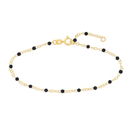 Black Enamel Bead Station Chain Bracelet in 14K Gold - 7.5”