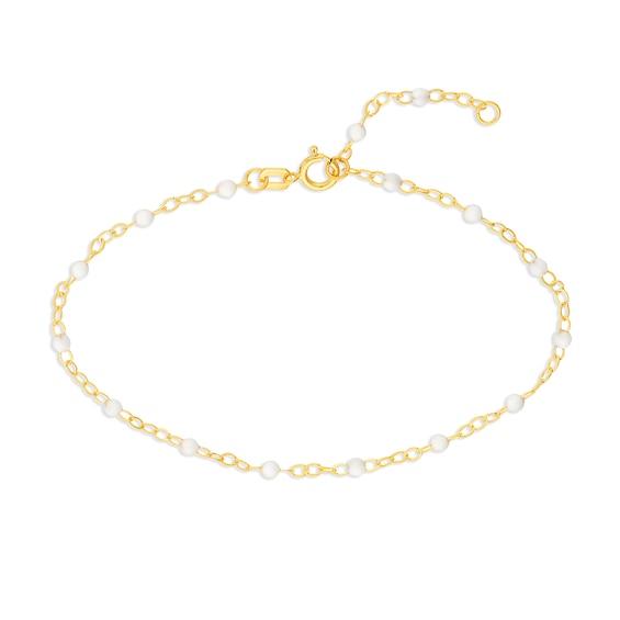 White Enamel Bead Station Chain Bracelet in 14K Gold - 7.5â