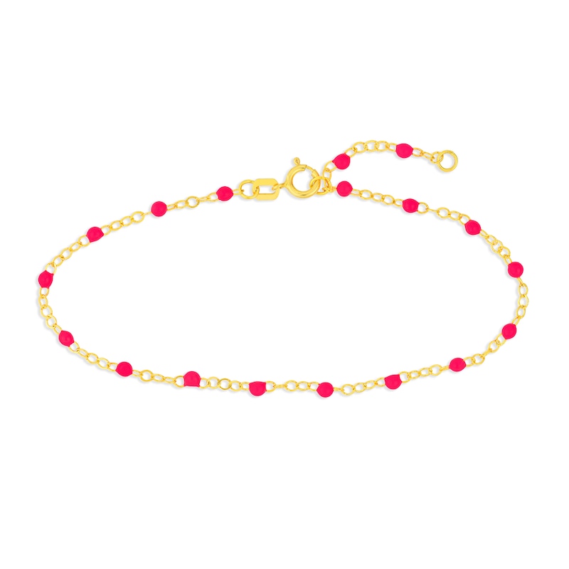 Neon Pink Enamel Bead Station Chain Bracelet in 14K Gold - 7.5”