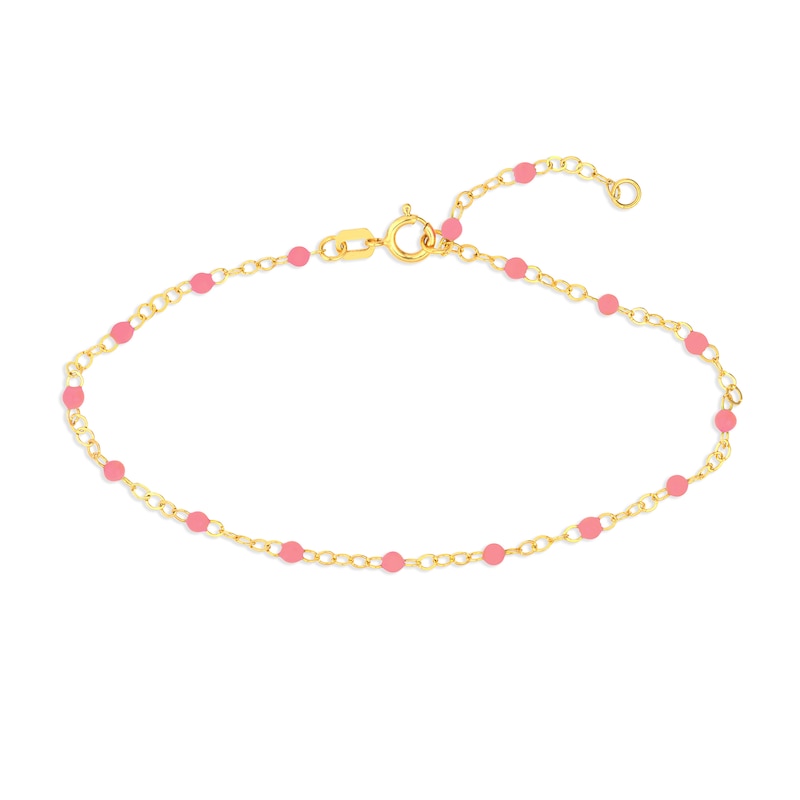 Pink Enamel Bead Station Chain Bracelet in 14K Gold - 7.5”