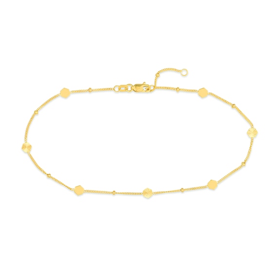 Diamond-Cut Hexagon Station Curb Chain Anklet in Solid 14K Gold - 10â