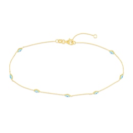 Turquoise Enamel Evil Eye Station Anklet in 14K Gold - 10”