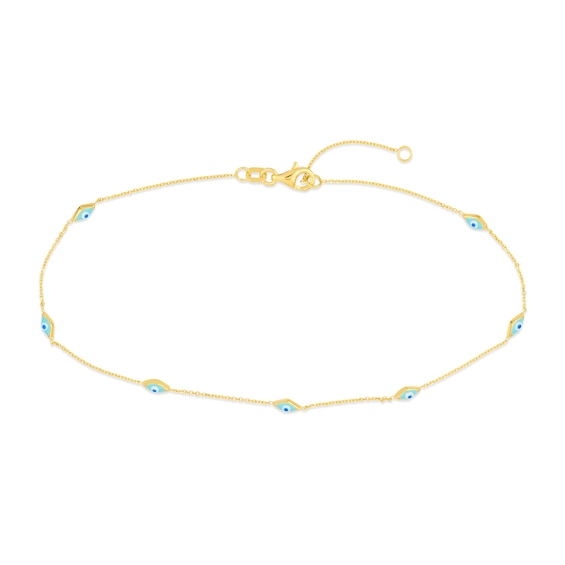 Turquoise Enamel Evil Eye Station Anklet in 14K Gold - 10â