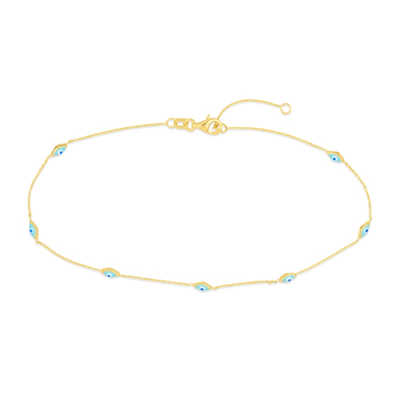 Main Image 1 of Turquoise Enamel Evil Eye Station Anklet in 14K Gold - 10”