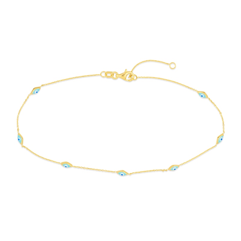 Turquoise Enamel Evil Eye Station Anklet in 14K Gold - 10”