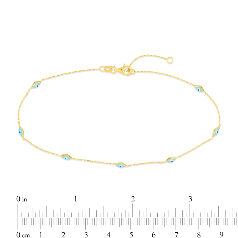 Turquoise Enamel Evil Eye Station Anklet in 14K Gold - 10”