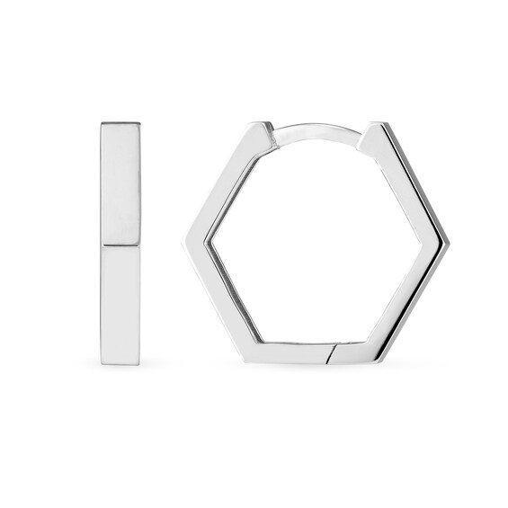 14.45mm Hexagon Huggie Hoop Earrings in 14K White Gold