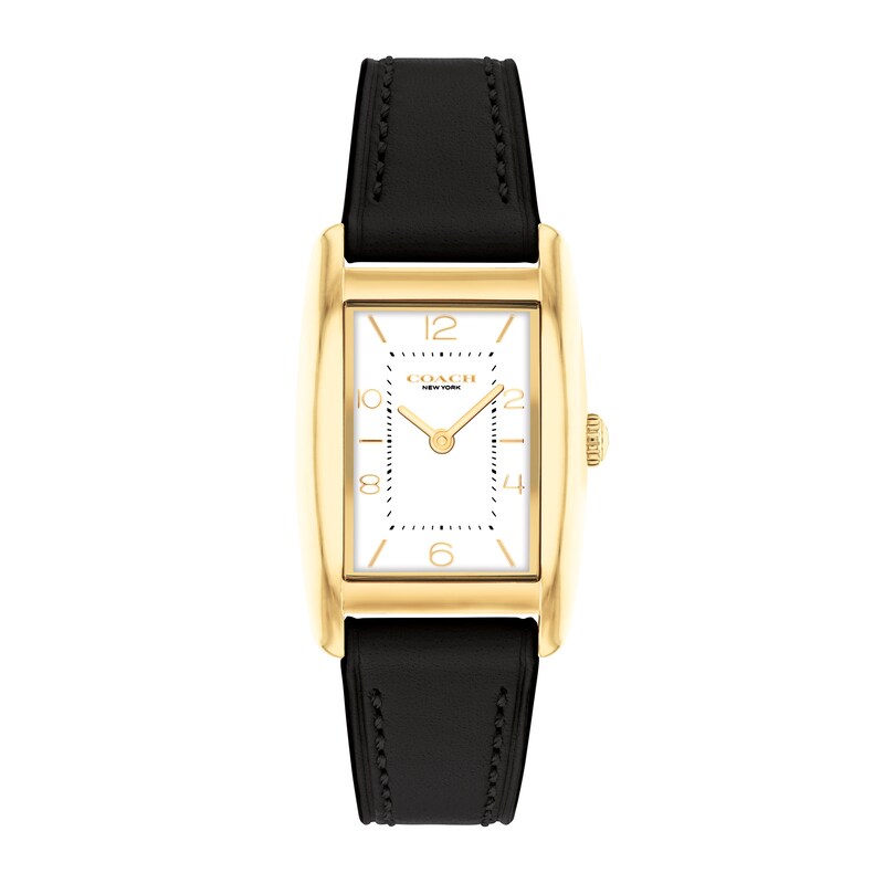 Ladies' Coach Reese Gold-Tone IP Black Leather Strap Watch with Rectangular White Dial (Model: 14504312)