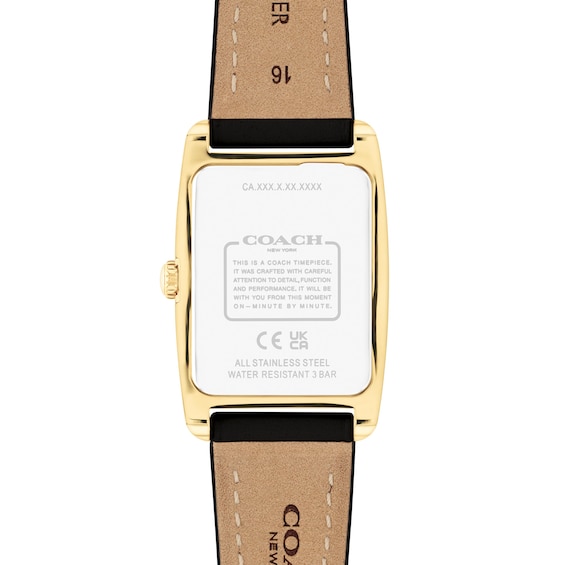 Ladies' Coach Reese Gold-Tone IP Black Leather Strap Watch with Rectangular White Dial (Model: 14504312)