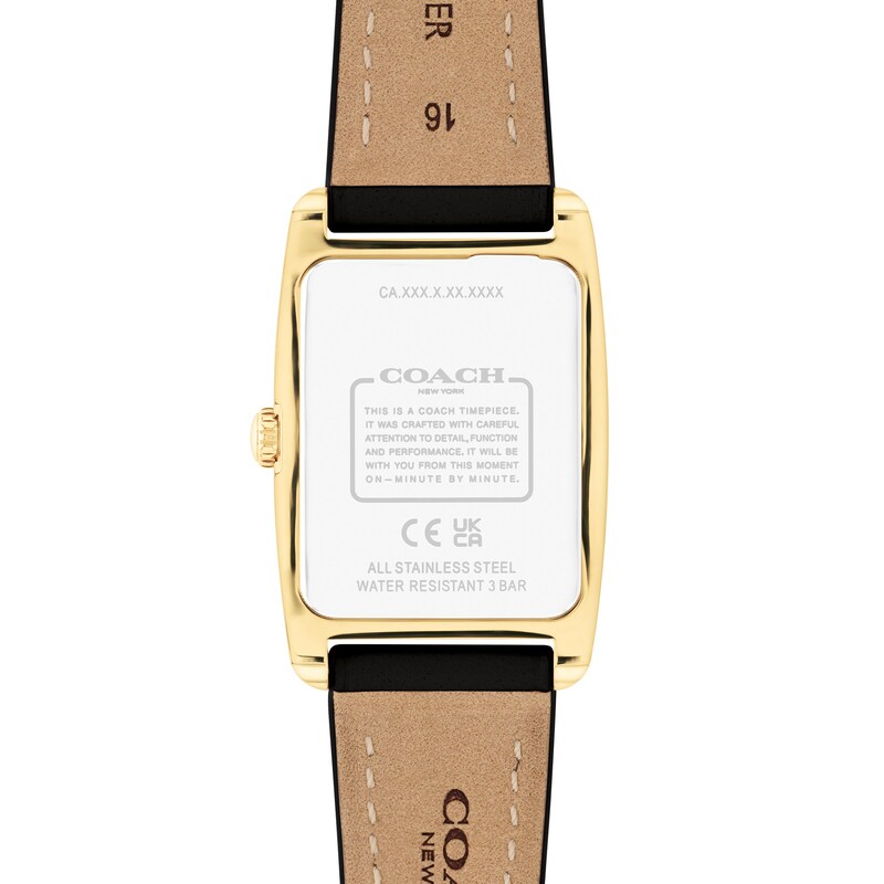 Ladies' Coach Reese Gold-Tone IP Black Leather Strap Watch with Rectangular White Dial (Model: 14504312)