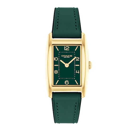 Ladiesâ Coach Reese Gold-Tone IP Green Leather Strap Watch with Rectangular Green Dial (Model: 14504354)