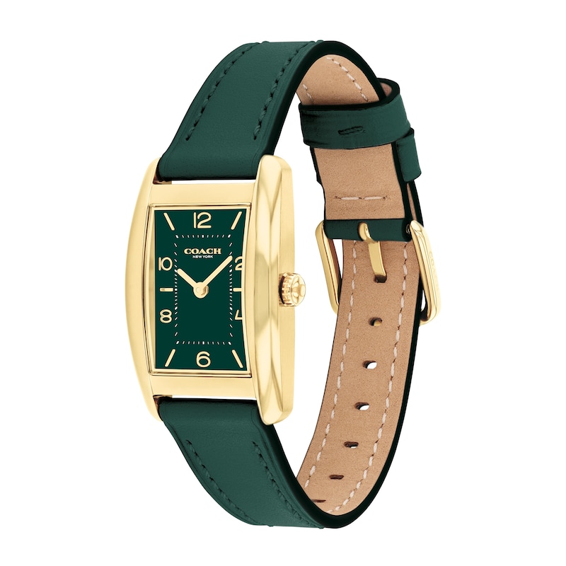 Ladies’ Coach Reese Gold-Tone IP Green Leather Strap Watch with Rectangular Green Dial (Model: 14504354)