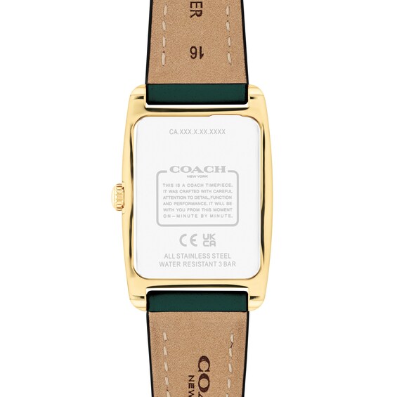 Ladiesâ Coach Reese Gold-Tone IP Green Leather Strap Watch with Rectangular Green Dial (Model: 14504354)