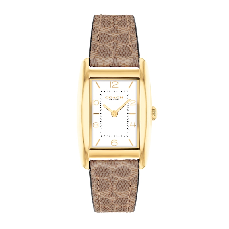 Ladies' Coach Reese Gold-Tone IP Brown Leather Strap Watch with Rectangular White Dial (Model: 14504355)