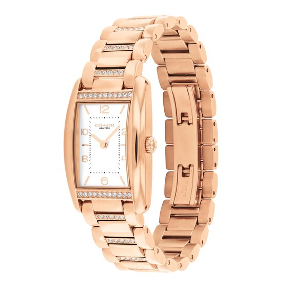 Ladies' Coach Reese Crystal Accent Rose-Tone IP Watch with Rectangular White Dial (Model: 14504317)
