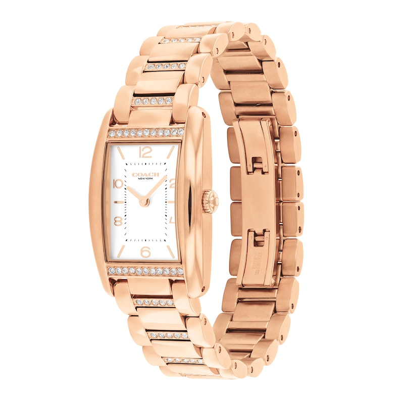 Ladies' Coach Reese Crystal Accent Rose-Tone IP Watch with Rectangular White Dial (Model: 14504317)