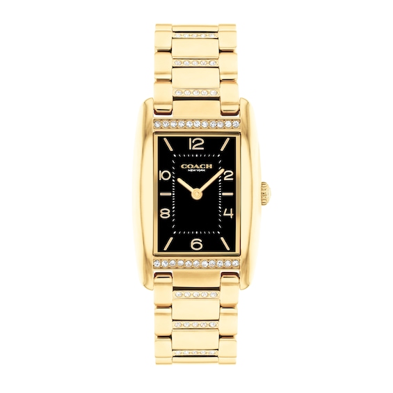 Ladies' Coach Reese Crystal Accent Gold-Tone IP Watch with Rectangular Black Dial (Model: 14504319)