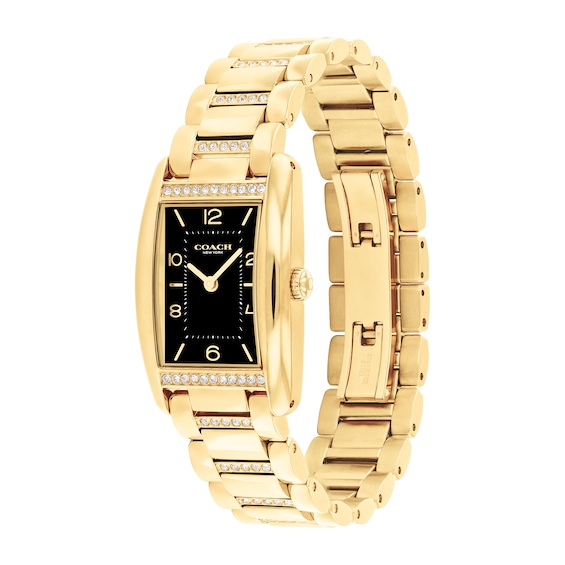 Ladies' Coach Reese Crystal Accent Gold-Tone IP Watch with Rectangular Black Dial (Model: 14504319)