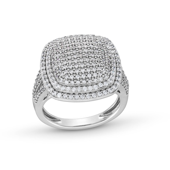 1 CT. T.w. Cushion-Shaped Multi-Diamond Double Frame Split Shank Ring in 10K White Gold