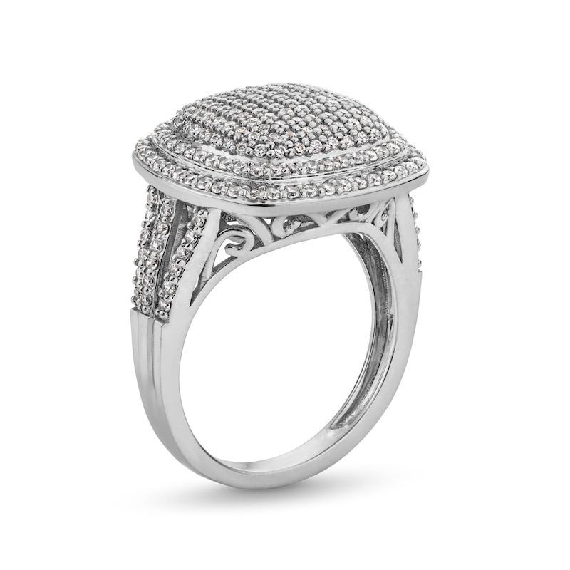 Main Image 3 of 1 CT. T.W. Cushion-Shaped Multi-Diamond Double Frame Split Shank Ring in 10K White Gold