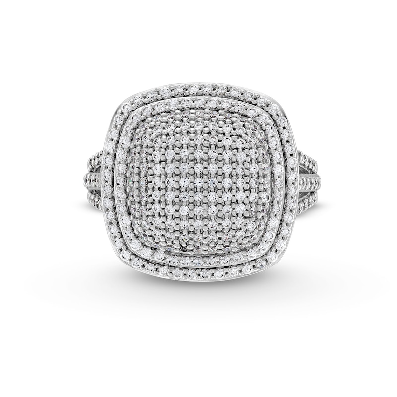 Main Image 4 of 1 CT. T.W. Cushion-Shaped Multi-Diamond Double Frame Split Shank Ring in 10K White Gold