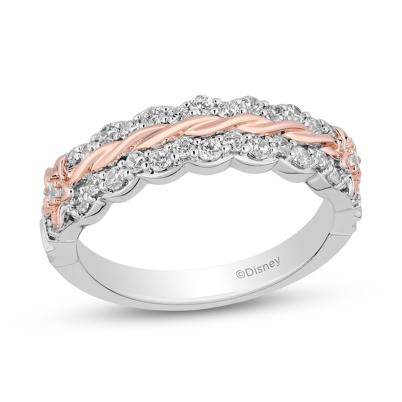 Main Image 1 of Enchanted Disney Rapunzel 1/2 CT. T.W. Diamond Braided Scallop Wedding Band in 14K Two-Tone Gold