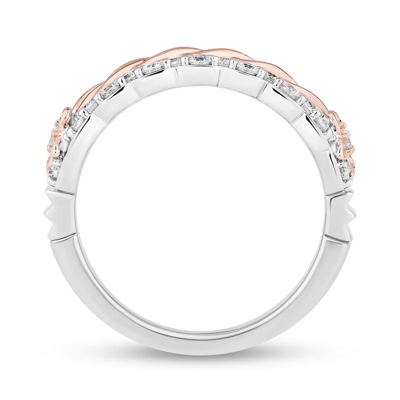 Main Image 3 of Enchanted Disney Rapunzel 1/2 CT. T.W. Diamond Braided Scallop Wedding Band in 14K Two-Tone Gold