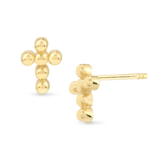 Beaded Cross Stud Earrings in 14K Gold