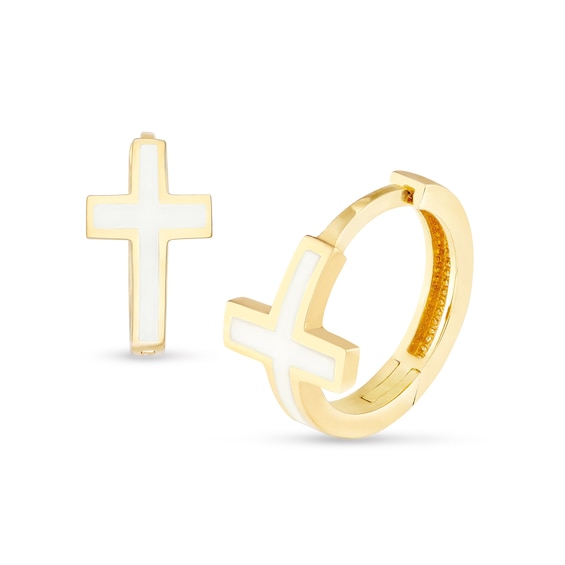 White Enamel Cross Huggie Hoop Earrings in 14K Gold