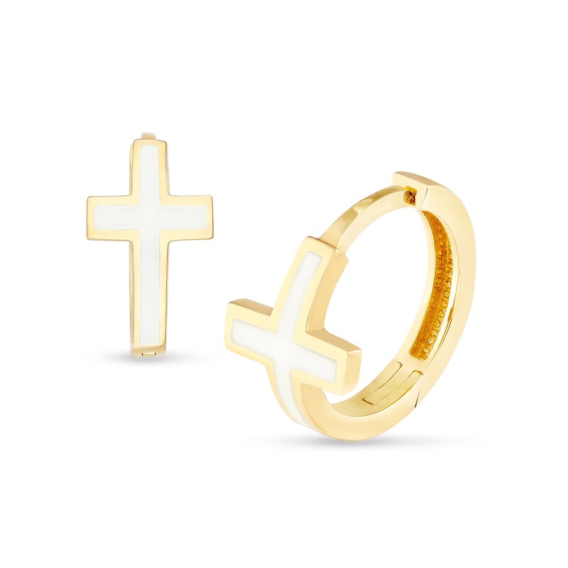Main Image 1 of White Enamel Cross Huggie Hoop Earrings in 14K Gold