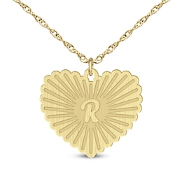Brushed Engravable Initial Sunburst Scallop Edge Heart Pendant (1 Initial)