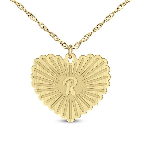 Brushed Engravable Initial Sunburst Scallop Edge Heart Pendant (1 Initial)