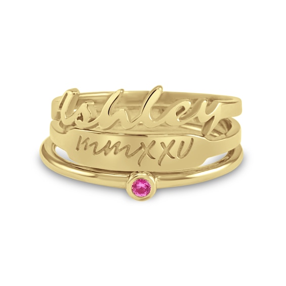 Birthstone Engravable Graduation Year and Script Name Three Piece Stackable Ring Set (1 Stone, Year and Line)
