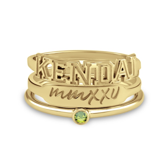 Birthstone Engravable Graduation Year and Block Name Three Piece Stackable Ring Set (1 Stone, Year and Line)