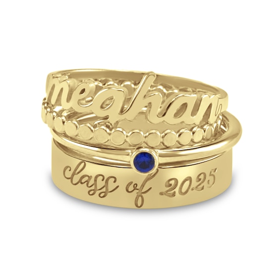 Birthstone Engravable Four Piece Stackable Graduation Ring Set (1 Stone, 2 Lines)