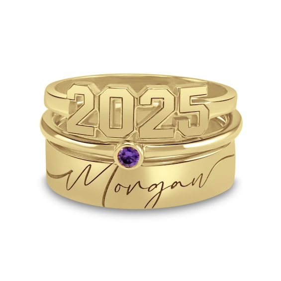 Birthstone Engravable Year and Script Name Three Piece Stackable Graduation Ring Set (1 Stone, Year and Line)