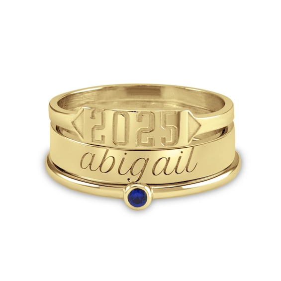Birthstone Engravable Year and Name Three Piece Stackable Graduation Ring Set (1 Stone, Year and Line)
