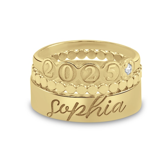 Birthstone Engravable Year and Name Scallop Three Piece Stackable Graduation Ring Set (1 Stone, Year and Line)
