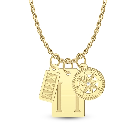 Diamond Accent Engravable Initial and Number with Compass Three Piece Charm Pendant (1 Initial and Number)